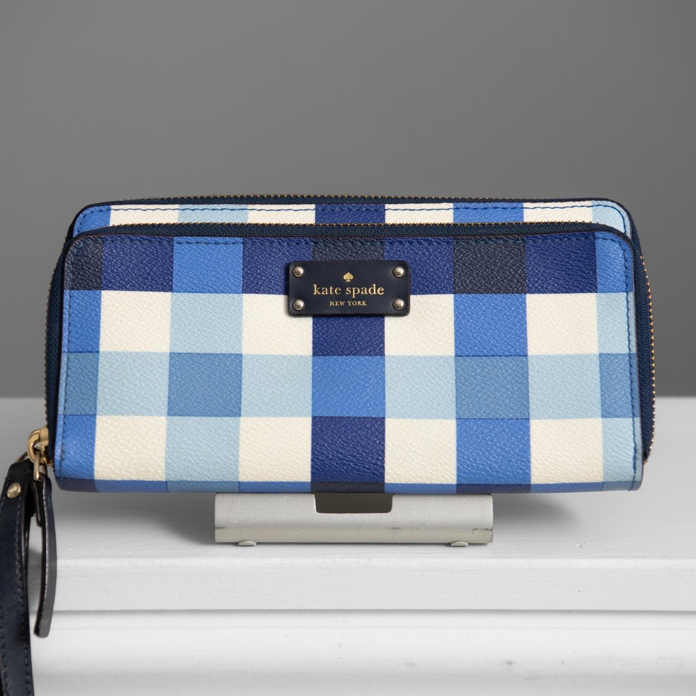 Kate Spade Blue Gingham Plaid Double Zip Wristlet Wallet Cute Checkered Picnic